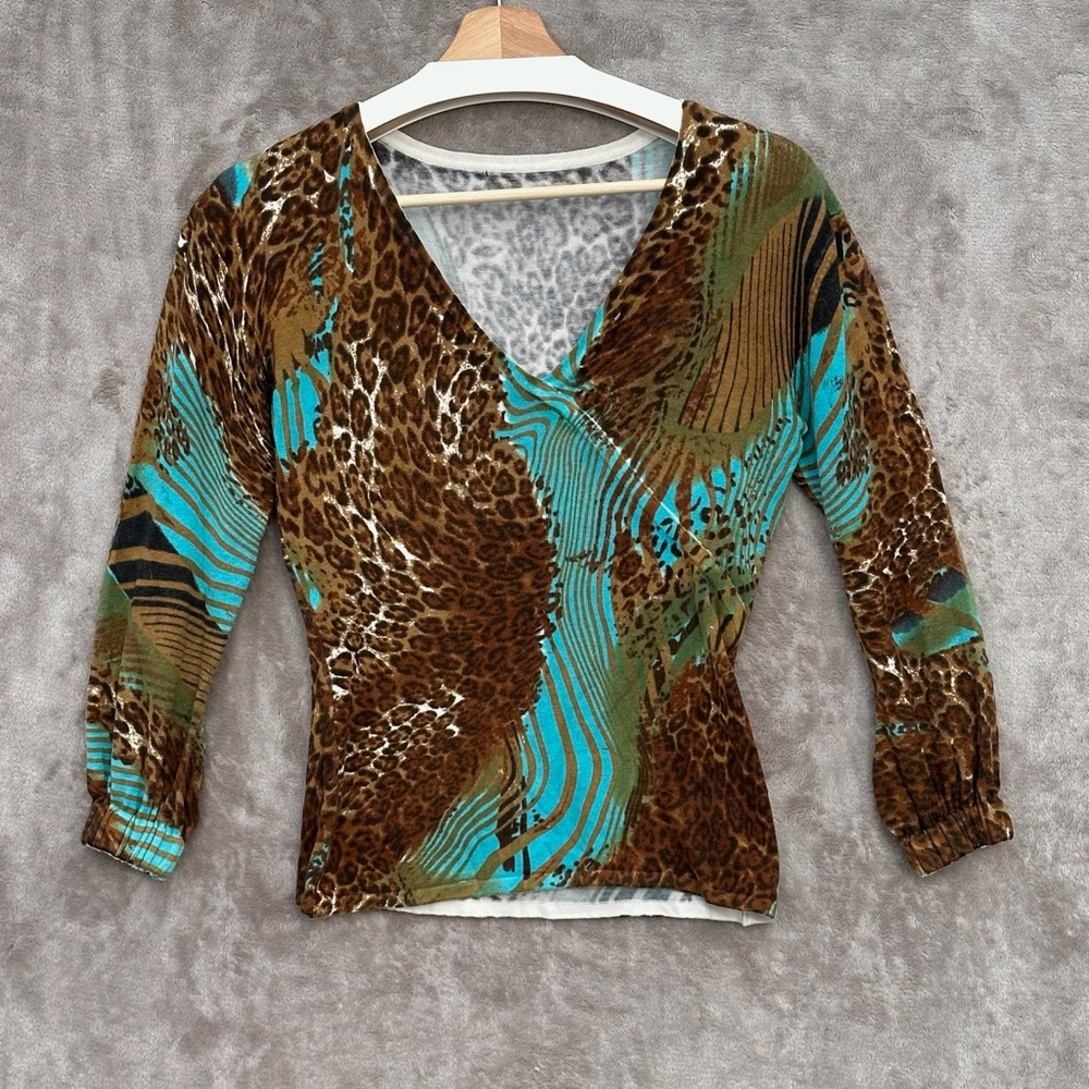 Womens V Neck Long Sleeve Top Leopard Animal Print Brown Teal Stretch Sz M